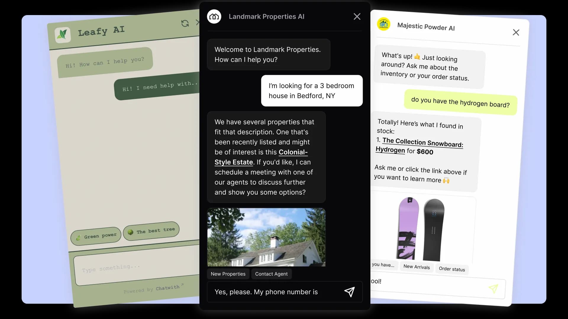 Three differently branded client AI agents