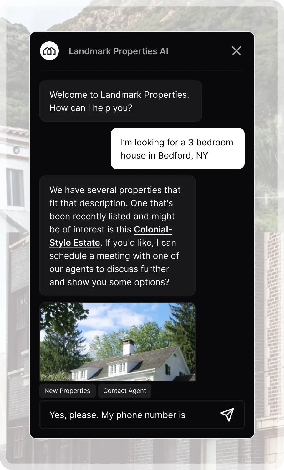 Mockup of a custom live ChatGPT chat widget. Let buyers search listings, ask about neighborhoods, and book viewings — even after hours.