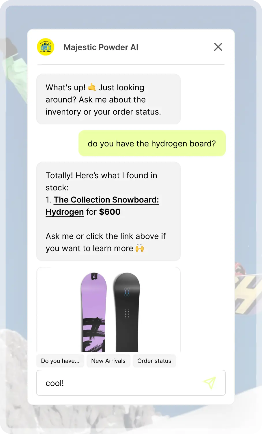 Mockup of a custom live ChatGPT chat widget. Deflect routine inquiries about accounts, fees, and processes while keeping humans in the loop.